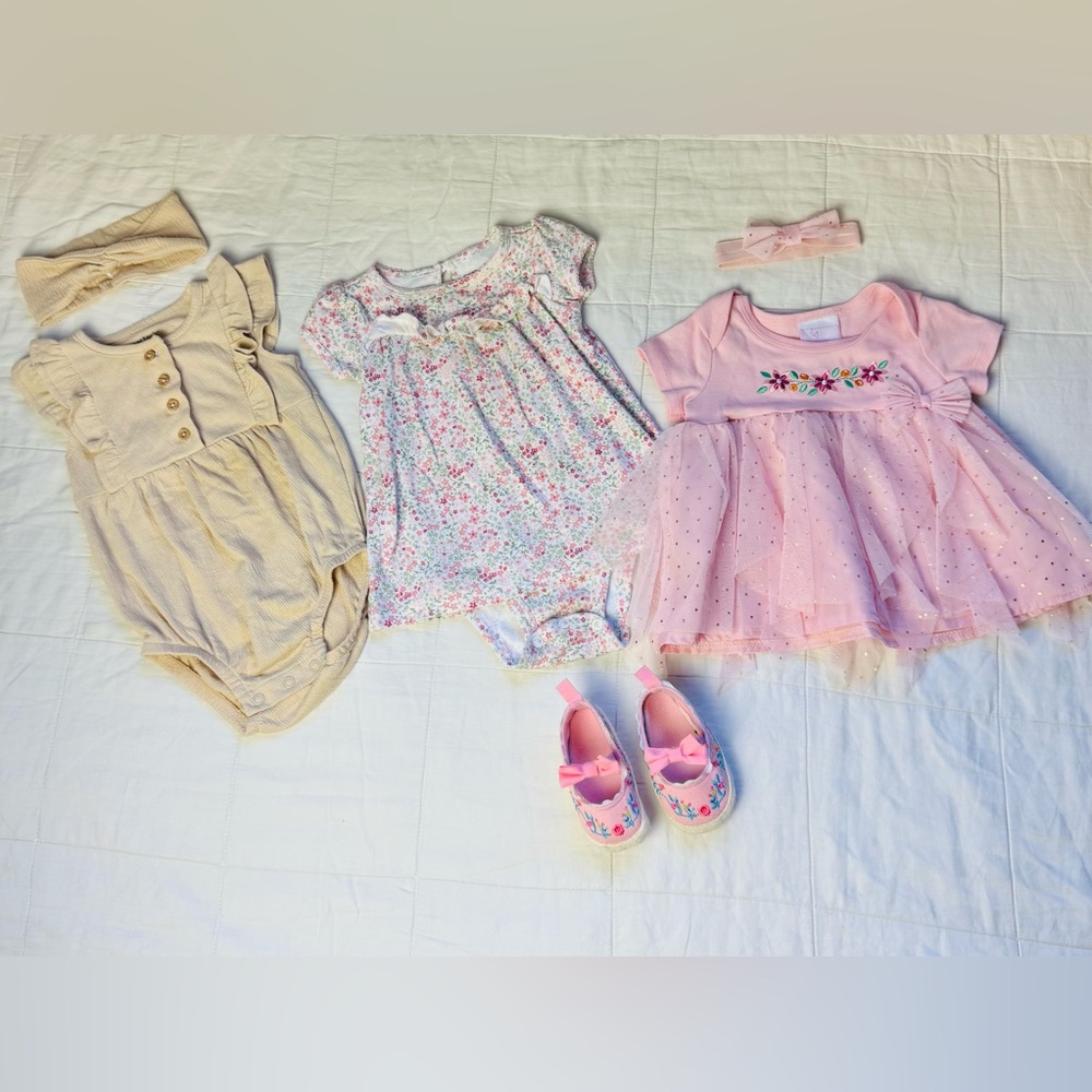 Carters Baby 6-9m Newborn Bundle Lot Set Onesies W/ Headband plus Pink Dress